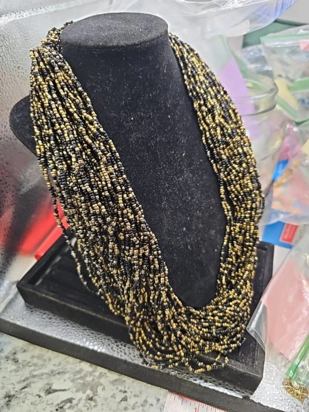 Multi strand necklace women black /gold Glass Seed Beads Loop & ball Closure...